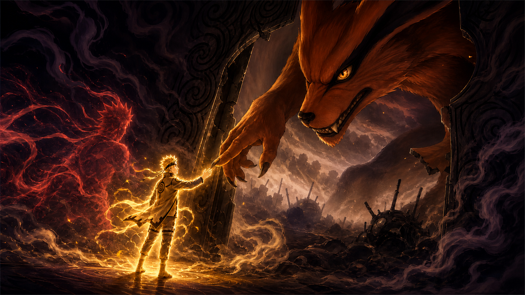 Naruto reaches toward Kurama as the seal gate opens and Son Goku’s chakra glows behind him in Naruto Shippuden Episode 328