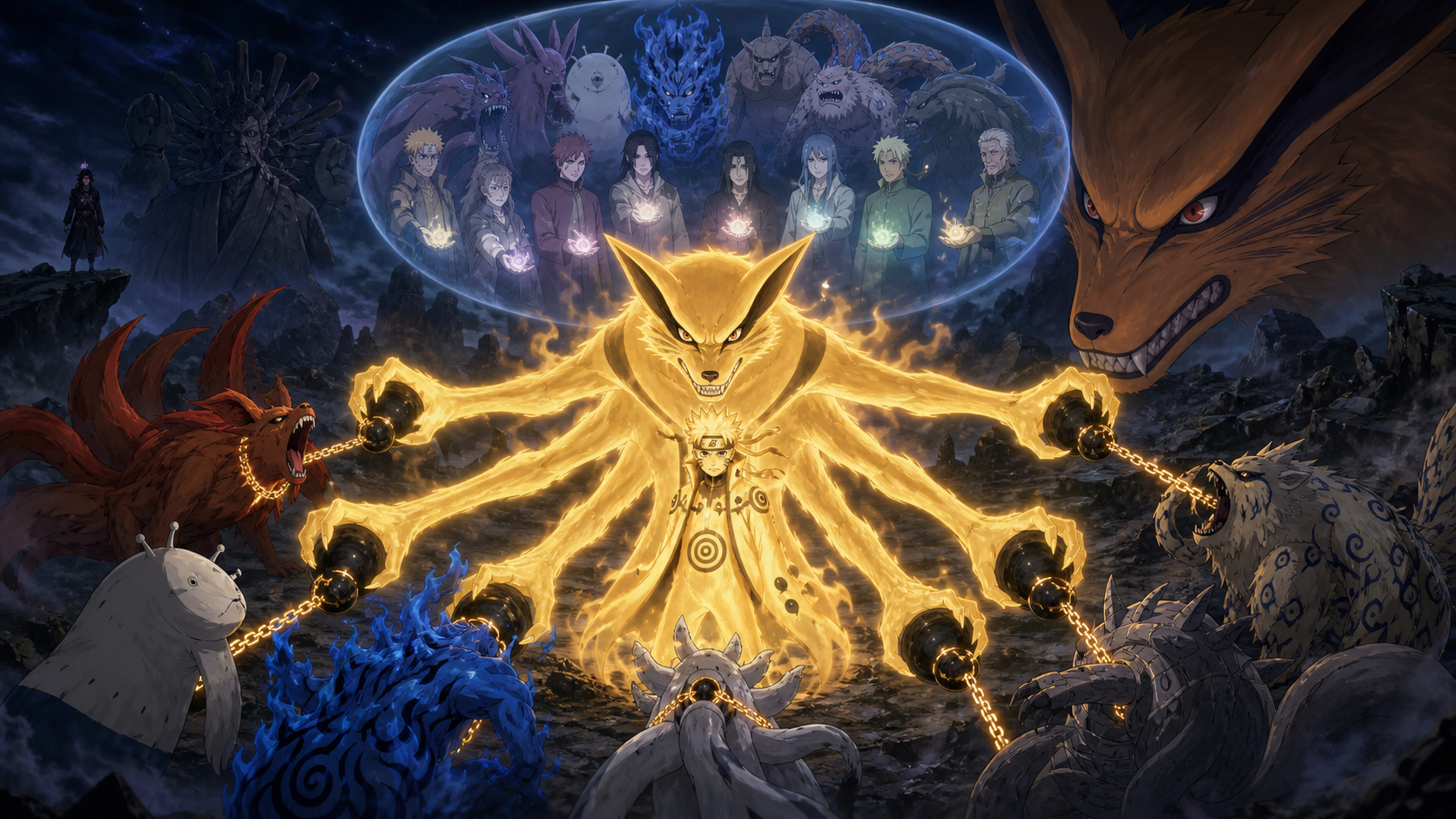 Naruto and Kurama use golden chakra arms to remove black receivers from five controlled tailed beasts in Naruto Shippuden Episode 329