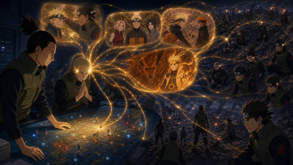 Shikaku and Inoichi transmit Naruto and Kurama’s history to exhausted Allied Shinobi in Naruto Shippuden Episode 330