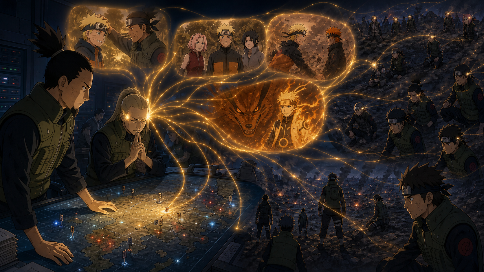 Shikaku and Inoichi transmit Naruto and Kurama’s history to exhausted Allied Shinobi in Naruto Shippuden Episode 330