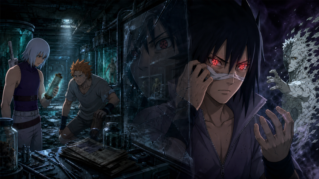 Suigetsu and Jugo uncover a hidden scroll as Sasuke reveals his Eternal Mangekyo Sharingan in Naruto Shippuden Episode 331