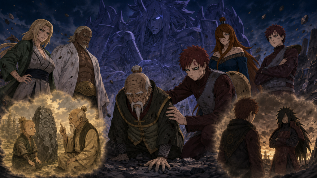 Gaara supports Ohnoki as the five Kage face Madara and Ohnoki remembers Ishikawa’s stone lesson in Naruto Shippuden Episode 332