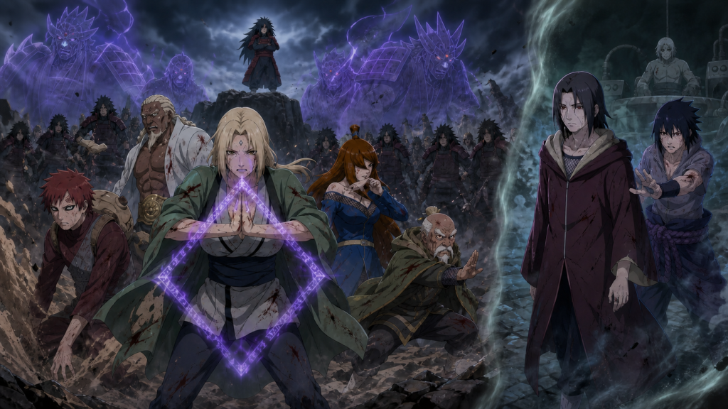 Tsunade activates the Strength of a Hundred Seal against Madara clones as Sasuke follows reanimated Itachi in Naruto Shippuden Episode 333