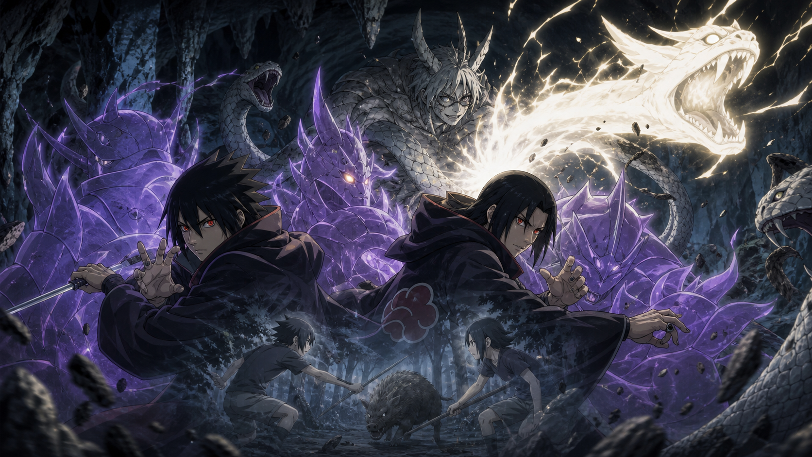 Itachi and Sasuke coordinate Susanoo against Sage Mode Kabuto and White Rage inside a cave in Naruto Shippuden Episode 334