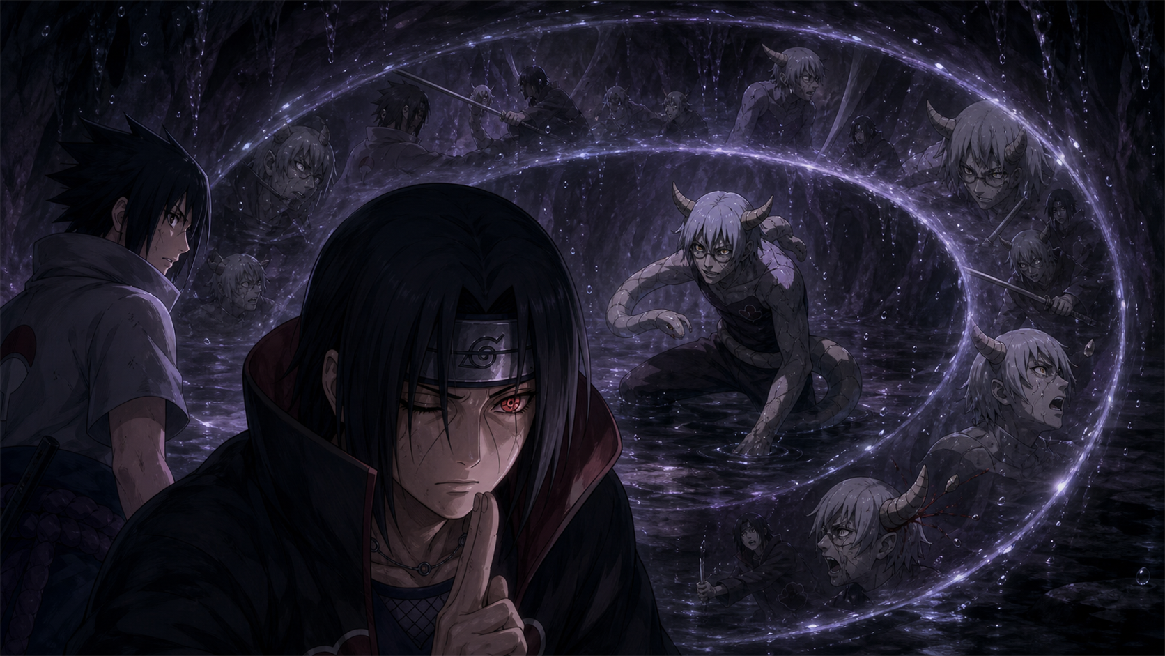 Itachi activates Izanami as Kabuto repeats the same battle moments inside a looping cave while Sasuke watches in Naruto Shippuden Episode 337