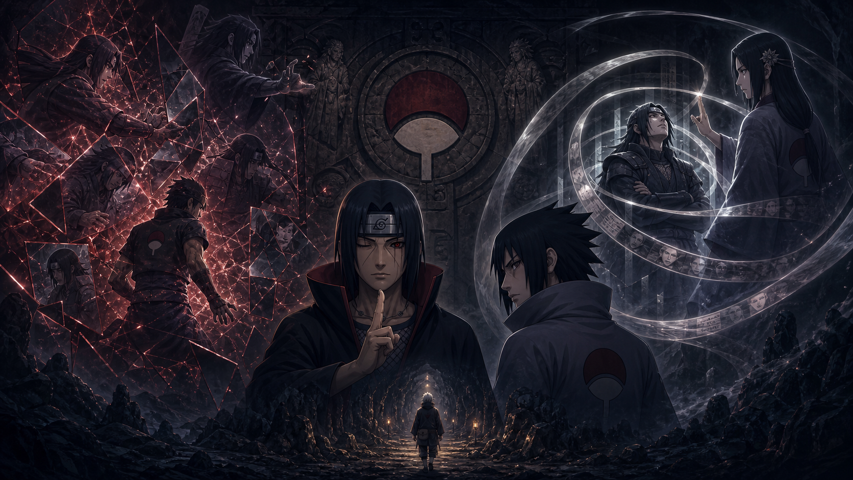 Itachi explains Izanagi and Izanami as historic Uchiha warriors rewrite defeat on one side and confront a silver acceptance loop on the other in Naruto Shippuden Episode 338