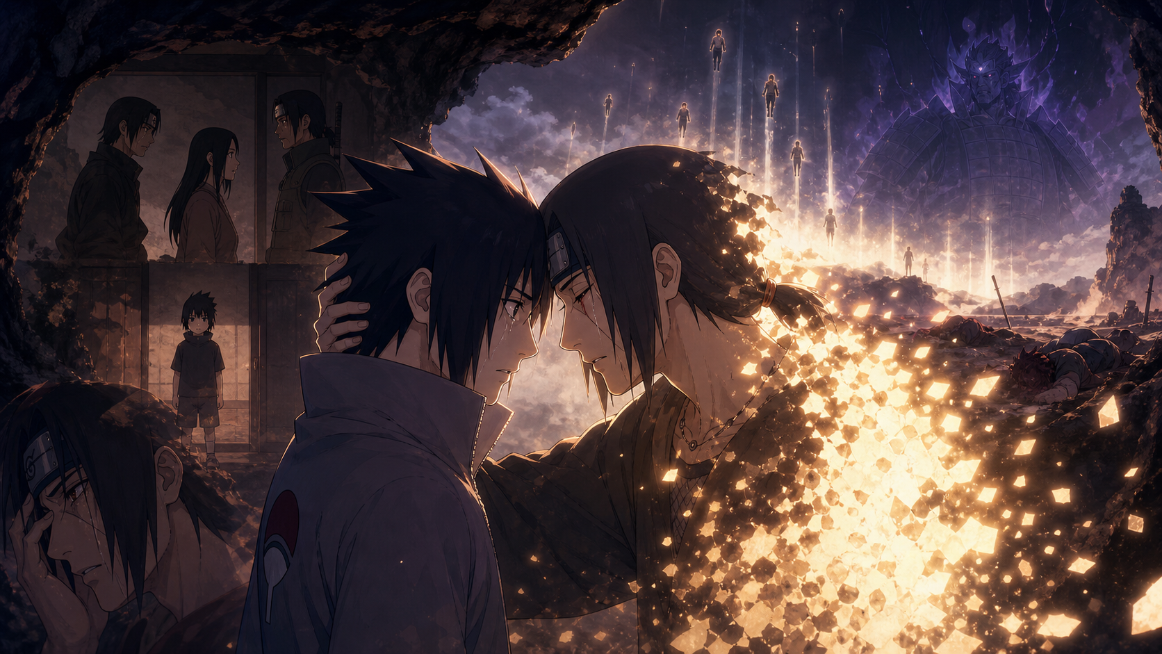 Itachi rests his forehead against Sasuke as his reanimated body dissolves into warm light while released souls rise and Madara remains in Naruto Shippuden Episode 339