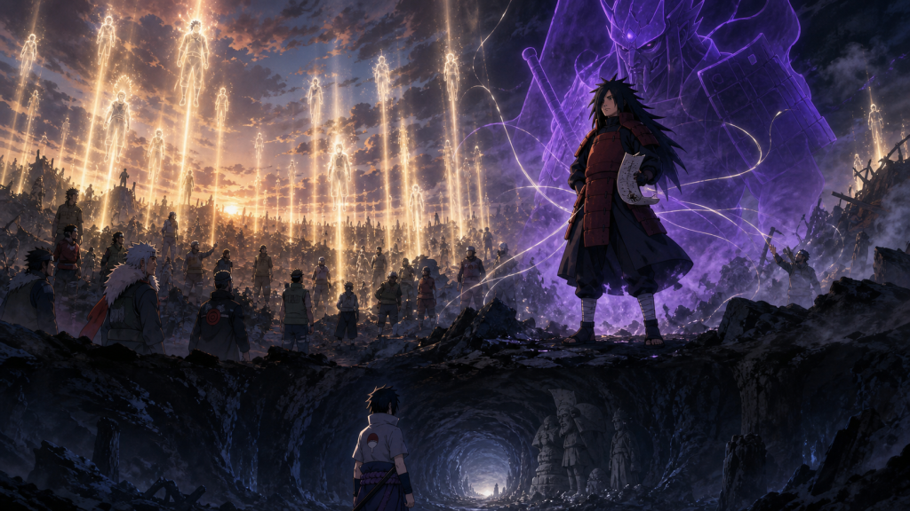 Reanimated shinobi rise into gold spirit light across the war while Madara stands solid beneath Perfect Susanoo and Sasuke faces an uncertain cave path in Naruto Shippuden Episode 340