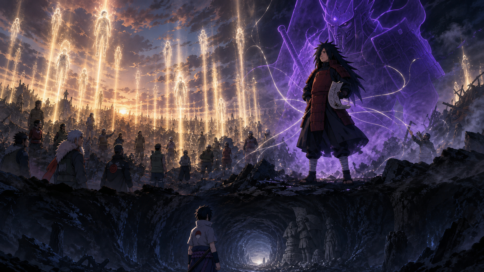 Reanimated shinobi rise into gold spirit light across the war while Madara stands solid beneath Perfect Susanoo and Sasuke faces an uncertain cave path in Naruto Shippuden Episode 340