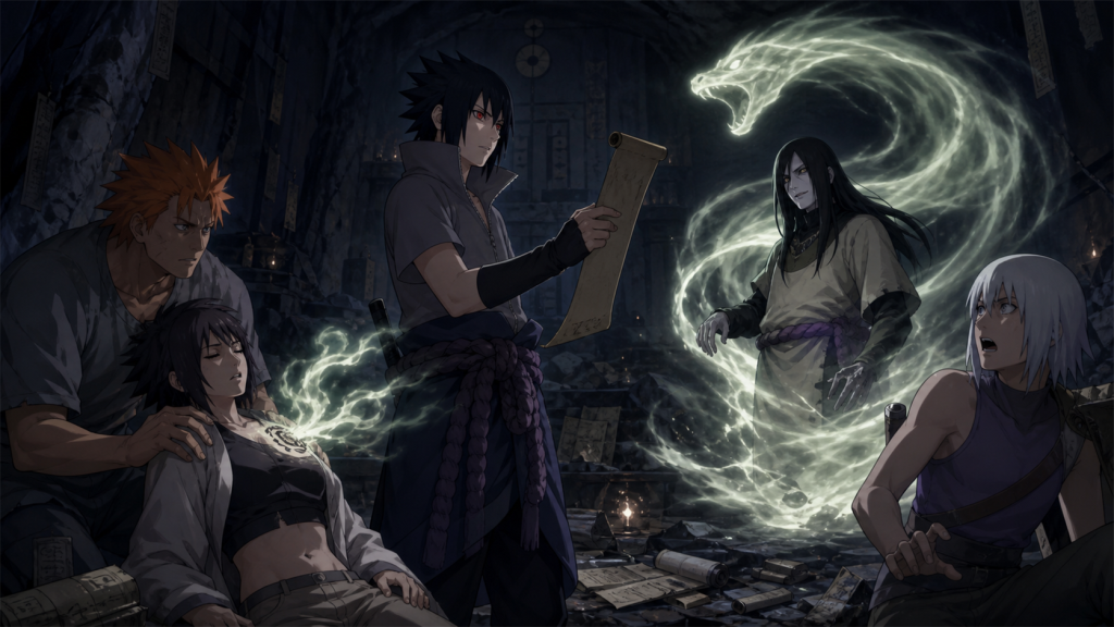 Sasuke holds Orochimaru’s secret scroll as Jugo supports Anko, pale serpent energy revives Orochimaru, and Suigetsu recoils in Naruto Shippuden Episode 341