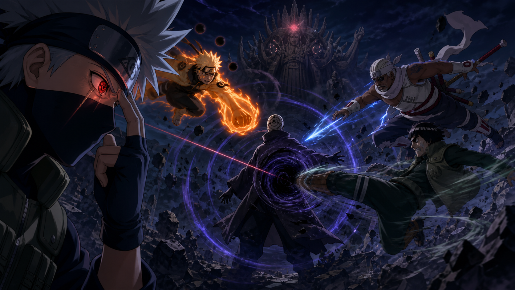 Kakashi traces Kamui from his Mangekyo Sharingan into the masked man’s phasing body as Naruto, Killer Bee and Guy attack beneath the awakening Gedo Statue in Naruto Shippuden Episode 342