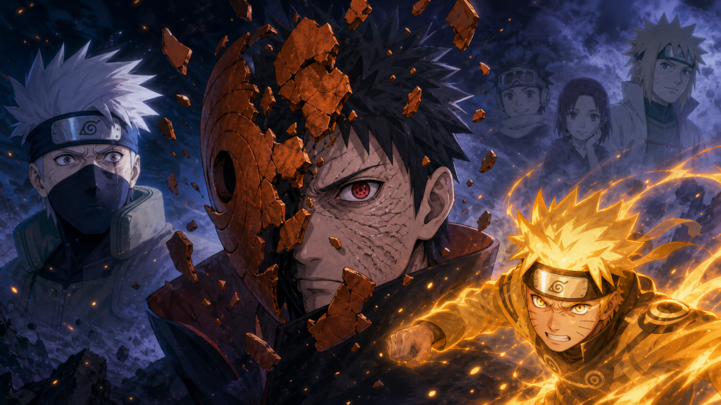 Obito Uchiha’s scarred face emerges from his shattered orange mask as Kakashi recognizes him and Naruto attacks in Naruto Shippuden Episode 343