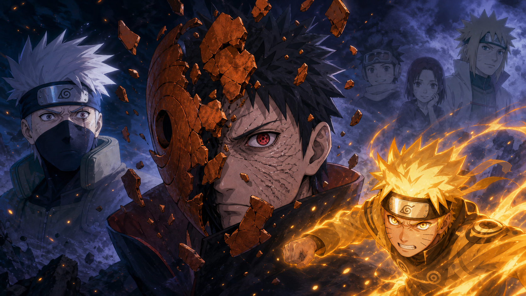 Obito Uchiha’s scarred face emerges from his shattered orange mask as Kakashi recognizes him and Naruto attacks in Naruto Shippuden Episode 343
