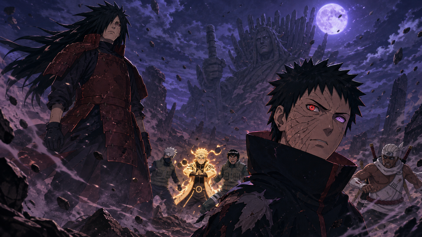 Reanimated Madara Uchiha confronts the unmasked and scarred Obito as Naruto, Kakashi, Guy and Killer B defend beneath the Gedo Statue in Naruto Shippuden Episode 344