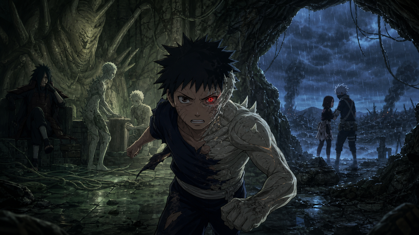 Young Obito runs from Madara’s underground cavern with a reconstructed pale arm toward Kakashi and Rin on a rain-soaked battlefield in Naruto Shippuden Episode 345