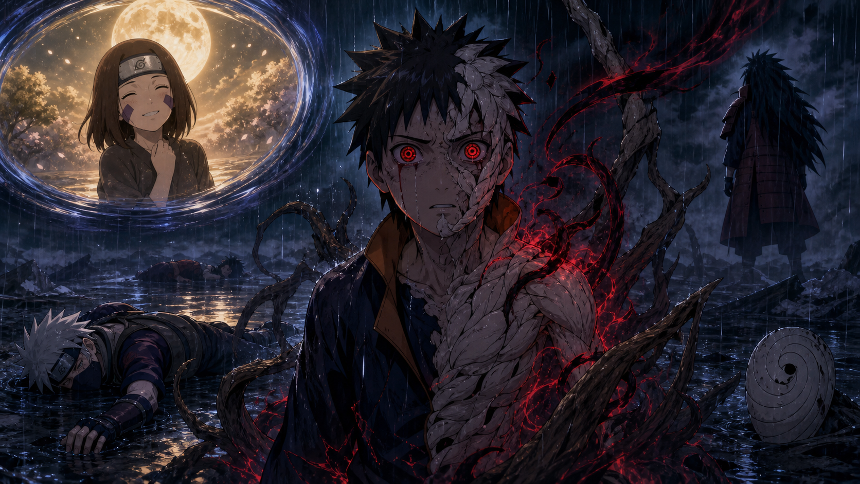 Young Obito awakens both Mangekyo Sharingan amid rain and Wood Style while a false dream shows Rin alive and Madara’s mask waits in Naruto Shippuden Episode 346