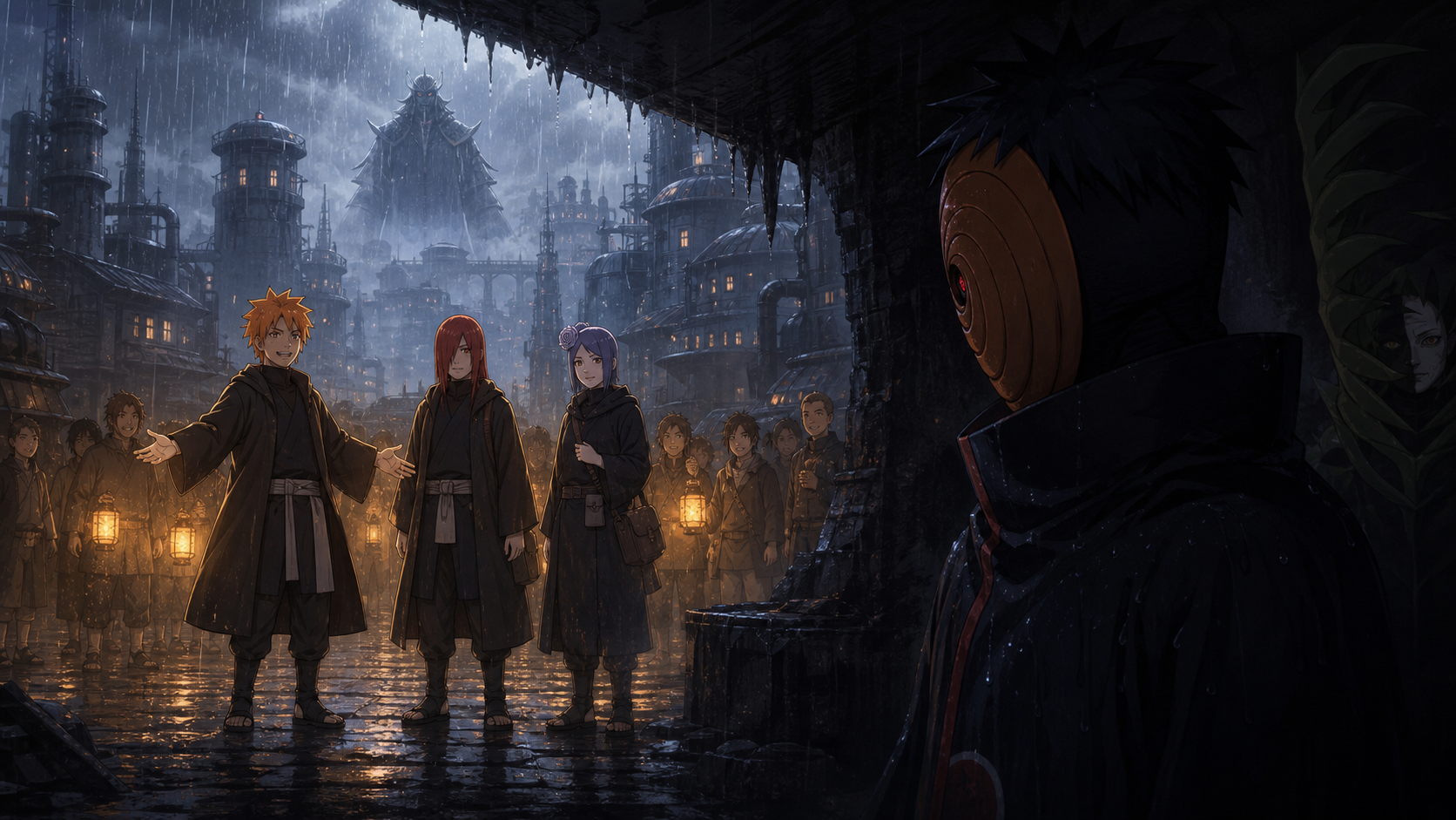 Yahiko, Nagato and Konan rally the hopeful original Akatsuki in the Hidden Rain while masked Obito watches from shadow in Naruto Shippuden Episode 347