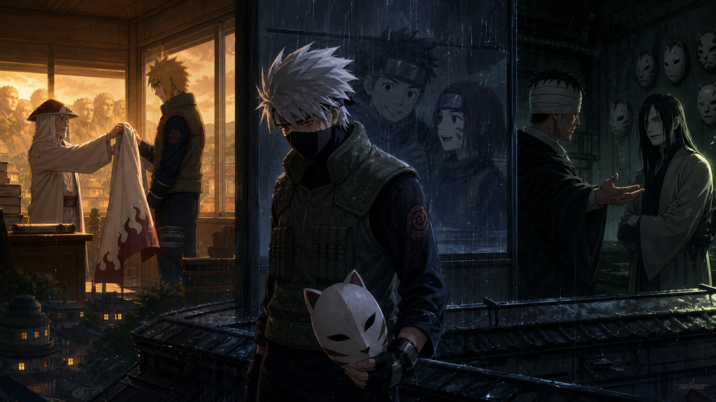 Grieving young Kakashi holds an ANBU mask between Minato’s Hokage appointment and Danzo’s alliance with Orochimaru in Naruto Shippuden Episode 349