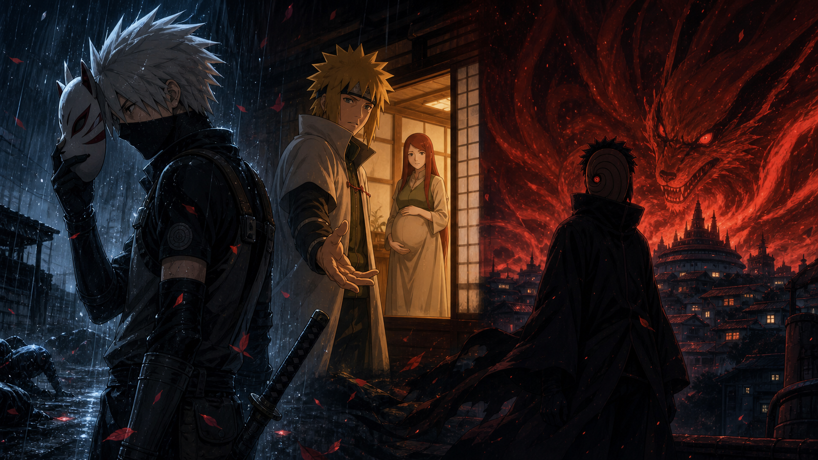 Cold ANBU Kakashi stands between Minato and pregnant Kushina’s warm home and masked Obito’s approaching Nine-Tails attack in Naruto Shippuden Episode 350