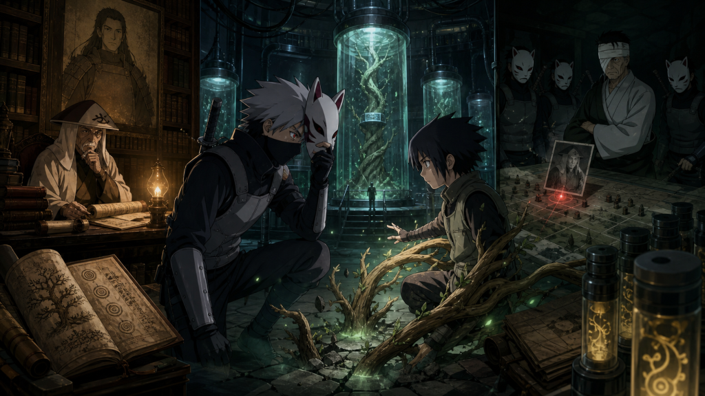 ANBU Kakashi investigates young Kinoe’s Wood Style inside a Root laboratory as Hiruzen’s records expose Hashirama-cell experiments in Naruto Shippuden Episode 351