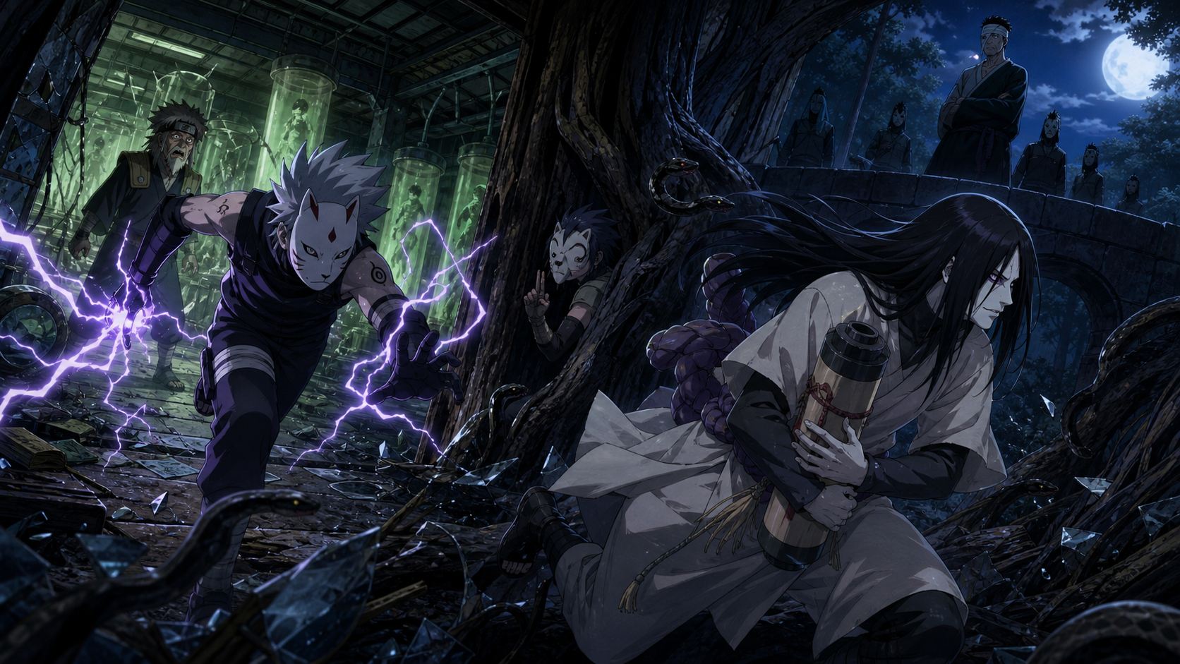 ANBU Kakashi pursues Orochimaru from a shattered laboratory while Kinoe secretly opens an escape route and Danzo watches in Naruto Shippuden Episode 352