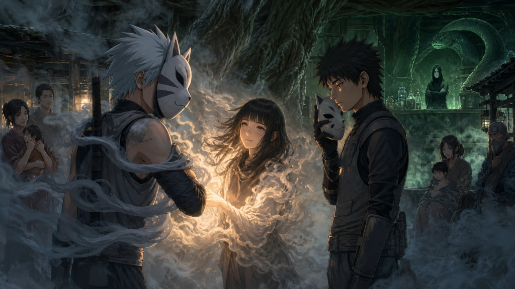 Smoke-transforming Yukimi stands between captured ANBU Kakashi and conflicted Kinoe while Orochimaru watches the Iburi Clan in Naruto Shippuden Episode 353