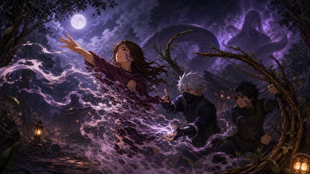 Yukimi dissolves into lavender smoke while Kakashi and Kinoe shield her from Orochimaru in Naruto Shippuden Episode 354