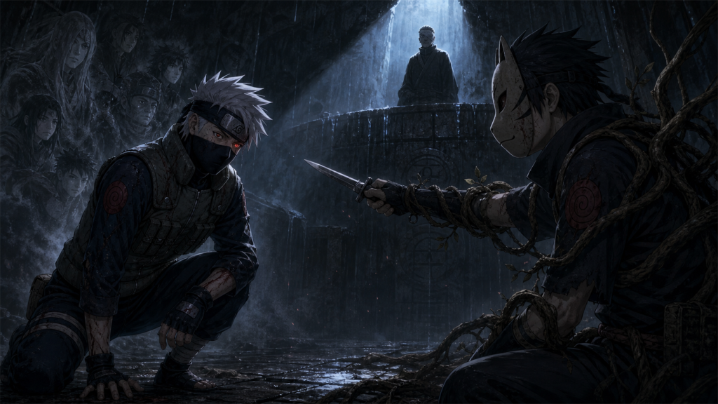 Tenzō hesitates to attack Kakashi for his Sharingan while Danzō watches in Naruto Shippuden Episode 355