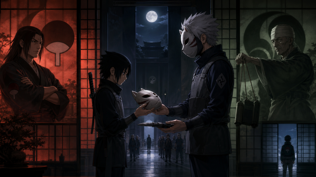 Young Itachi receives an ANBU mask from Kakashi while Fugaku and Danzō watch in Naruto Shippuden Episode 357