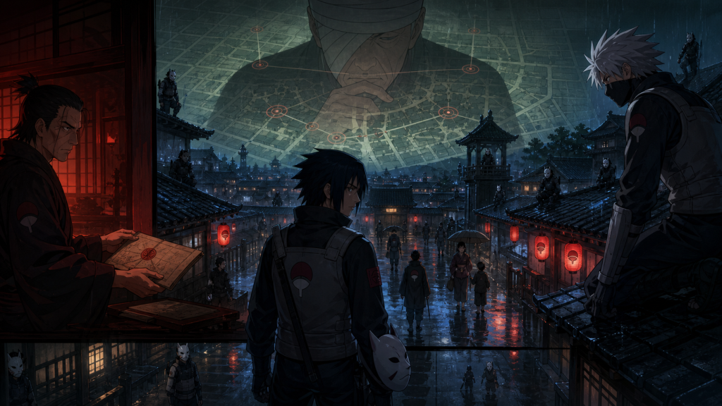 Itachi stands inside the watched Uchiha district as Fugaku, Kakashi and Danzō close in during Naruto Shippuden Episode 358