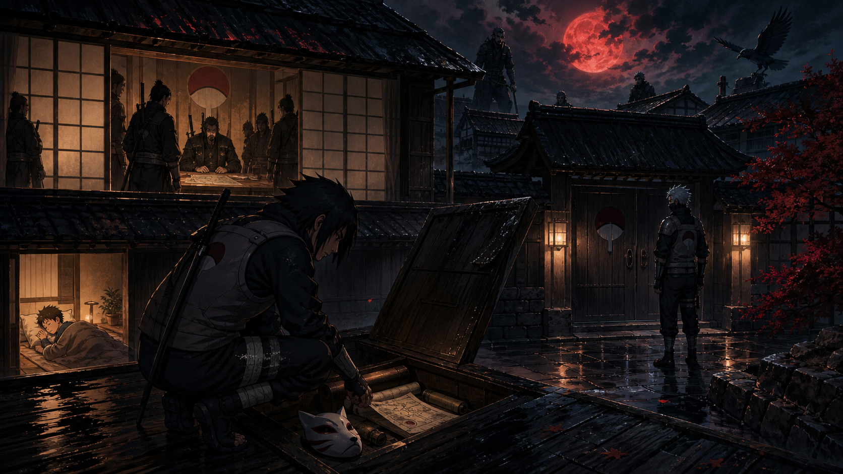 Itachi discovers the Uchiha coup plan while Kakashi stands outside the sealed district in Naruto Shippuden Episode 359