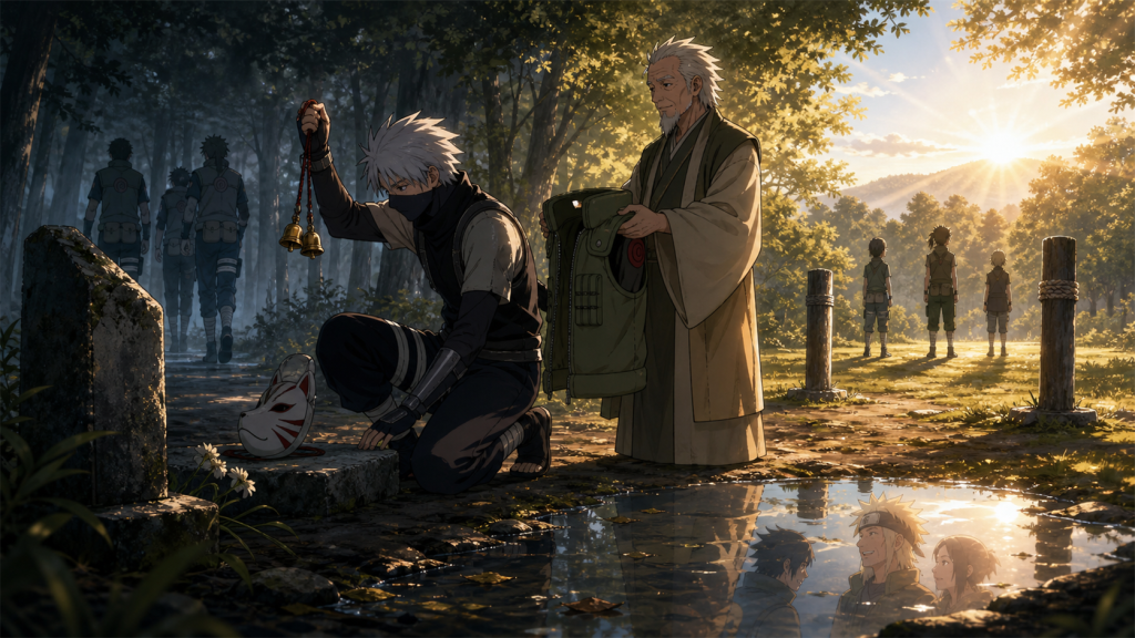 Kakashi sets down his ANBU mask and accepts a jonin vest and bell-test future in Naruto Shippuden Episode 360