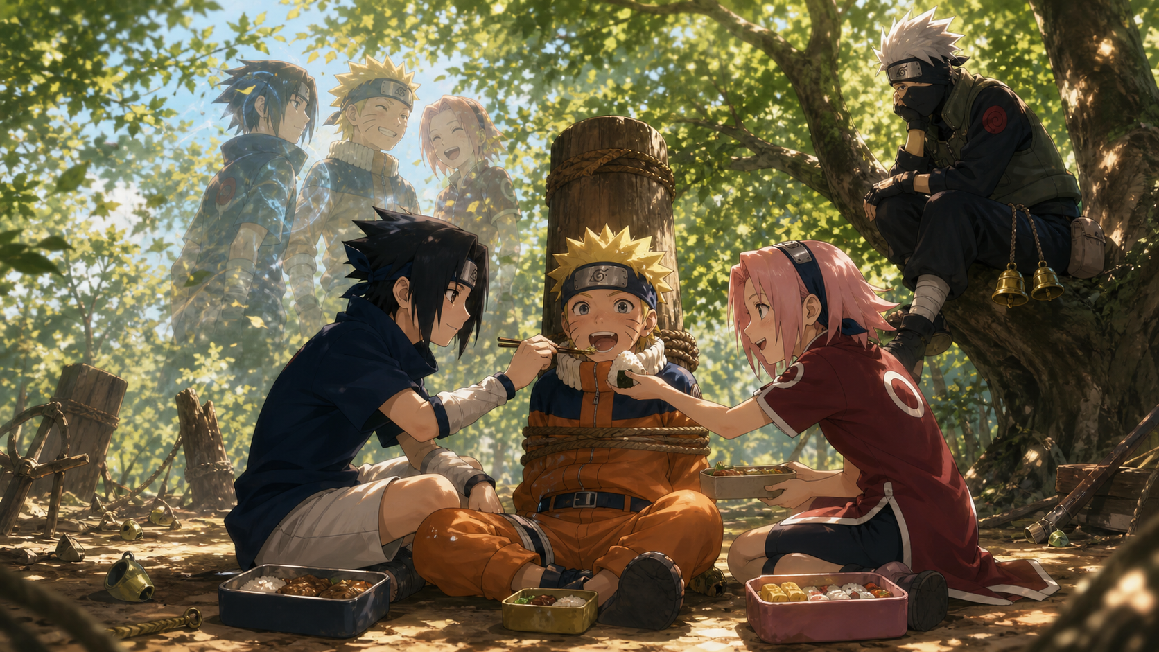 Sasuke and Sakura share food with Naruto during Kakashi’s bell test in Naruto Shippuden Episode 361