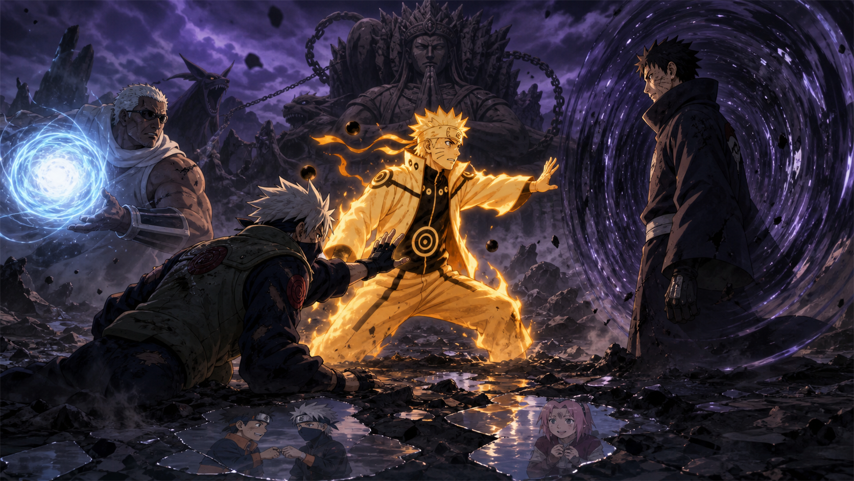 Naruto defends Kakashi as he reaches toward Obito on the war battlefield in Naruto Shippuden Episode 362