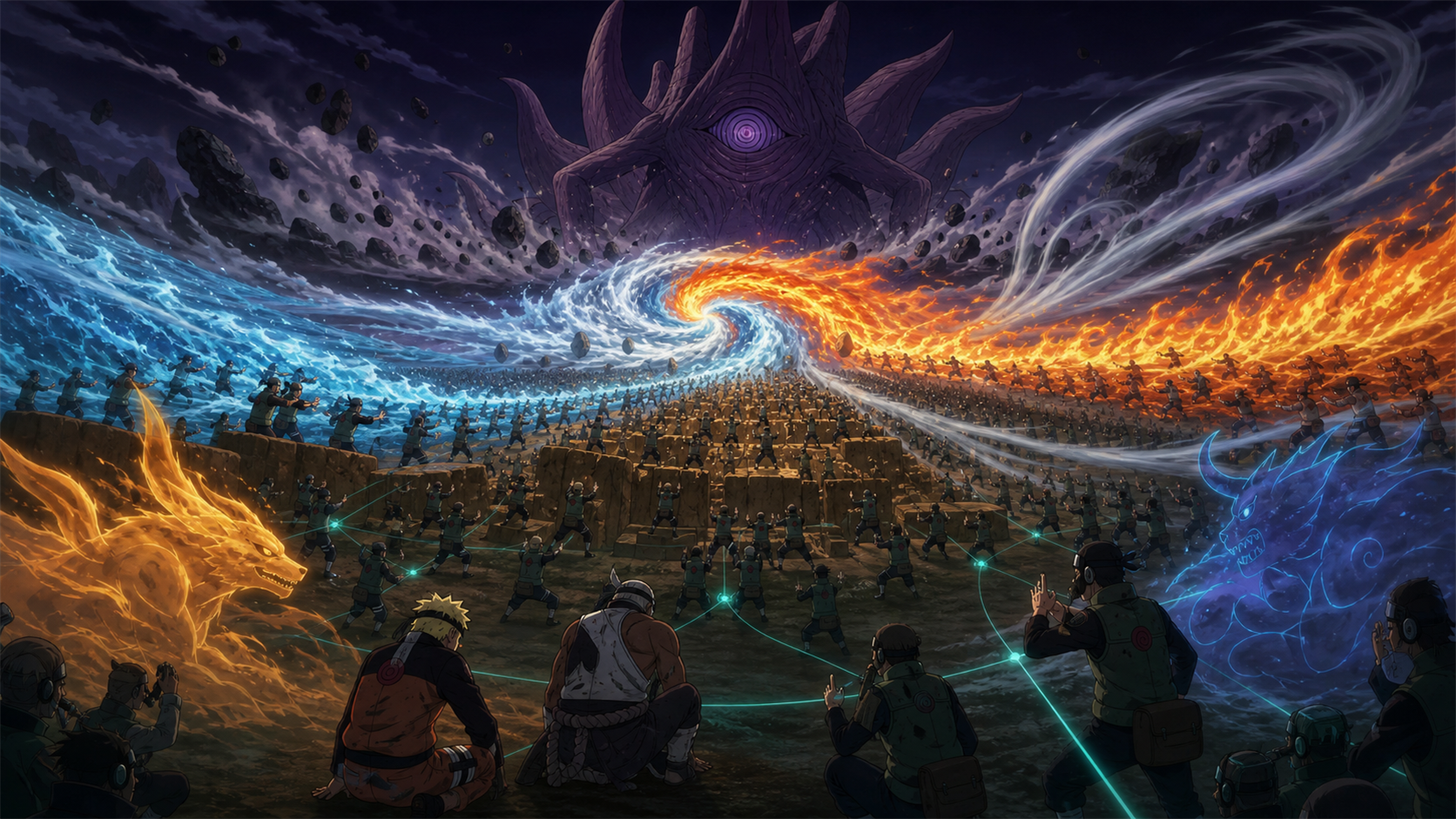 Allied shinobi combine earth, water, wind and fire against the Ten-Tails in Naruto Shippuden Episode 363