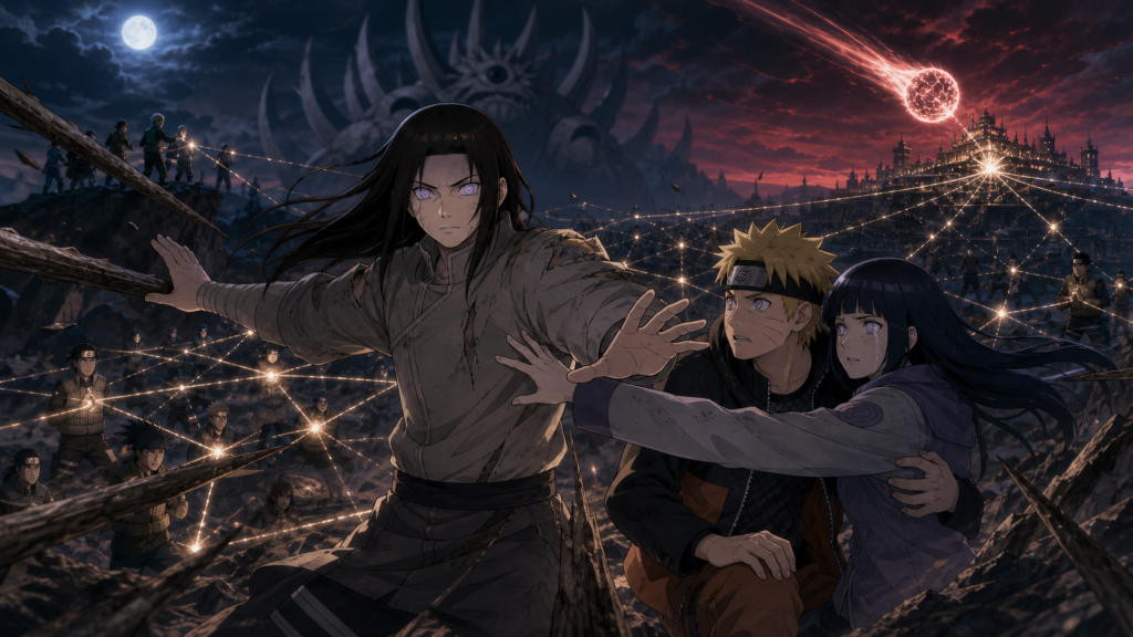 Neji shields Naruto and Hinata as the allied chakra network faces destruction in Naruto Shippuden Episode 364