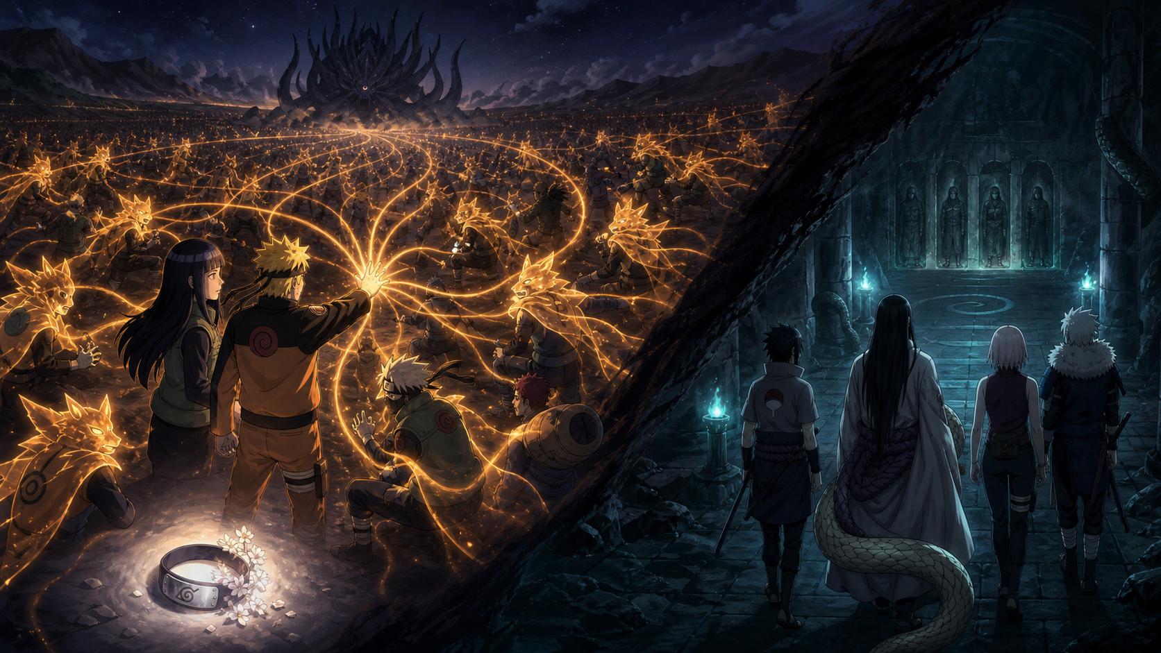 Naruto shares Kurama’s chakra with the alliance as Sasuke follows Orochimaru underground in Naruto Shippuden Episode 365