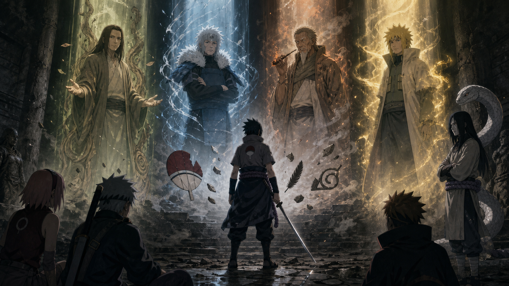 Sasuke questions the four reanimated Hokage while Orochimaru watches in Naruto Shippuden Episode 366