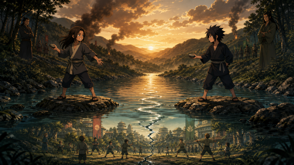 Young Hashirama and Madara connect across a river while their rival clans watch in Naruto Shippuden Episode 367