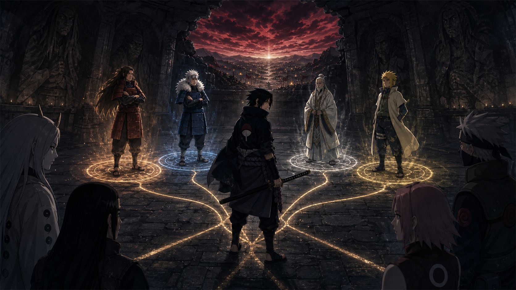 Sasuke chooses his path before the four reanimated Hokage in Naruto Shippuden Episode 370