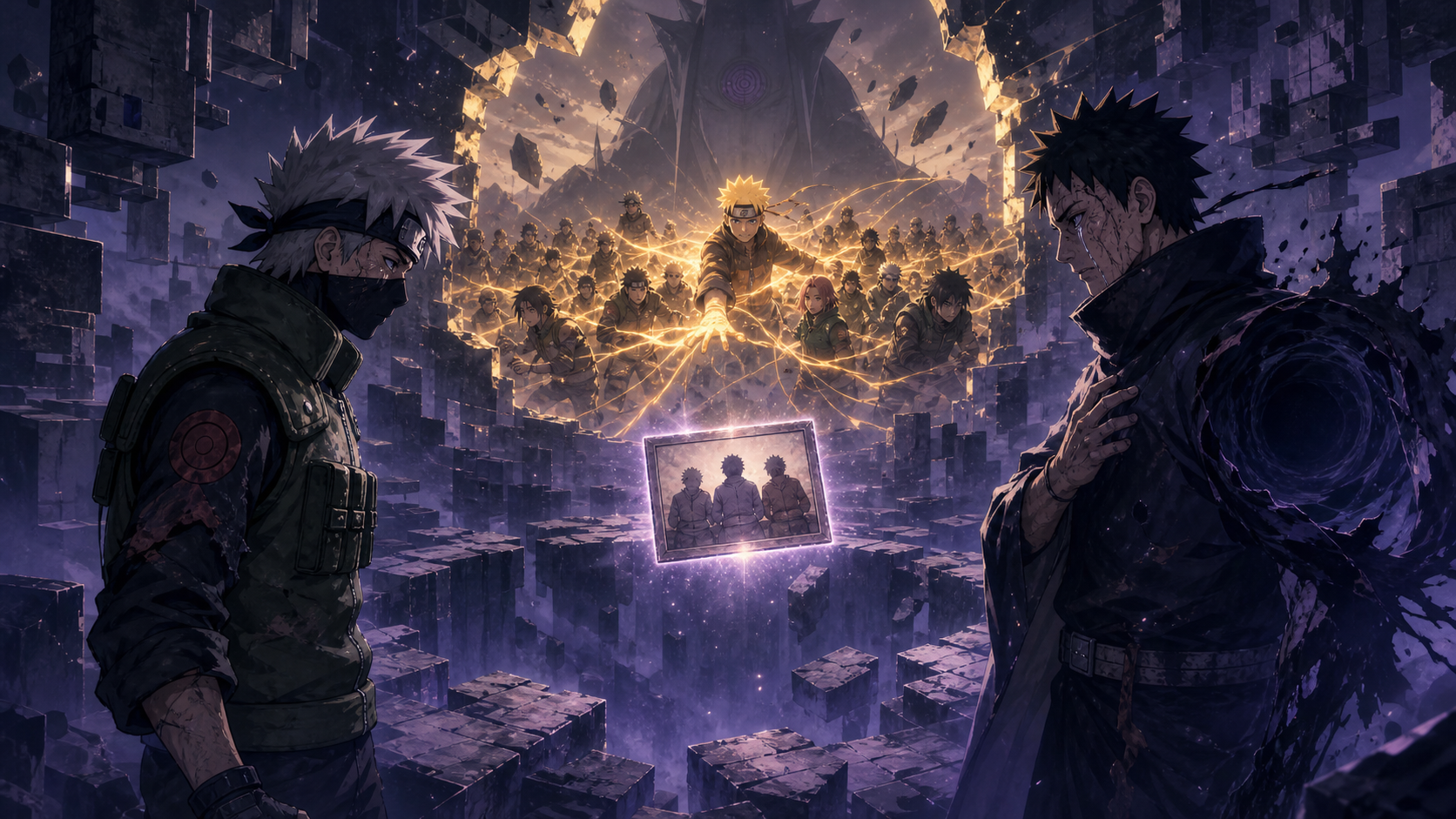 Kakashi faces Obito across a void while Naruto connects the alliance in Naruto Shippuden Episode 371