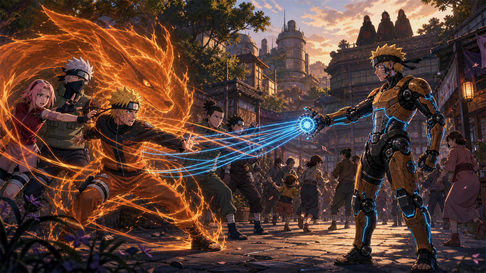 Naruto resists a mechanical copy extracting Kurama’s chakra in Naruto Shippuden Episode 376