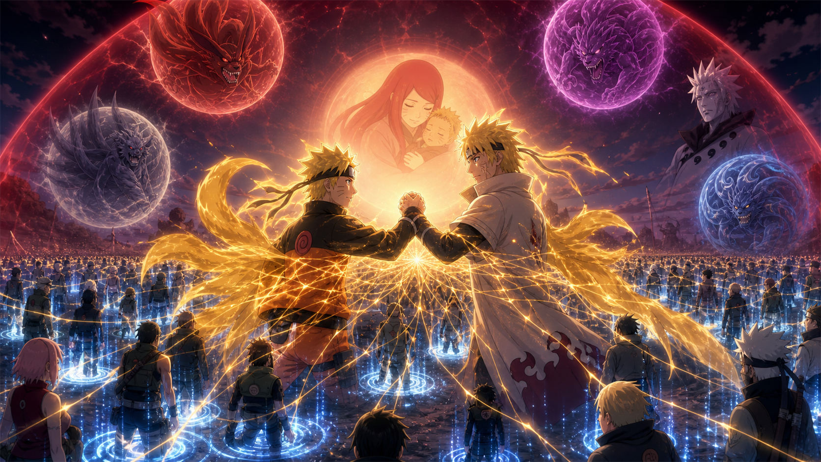 Naruto and Minato link chakra to teleport the alliance in Naruto Shippuden Episode 380