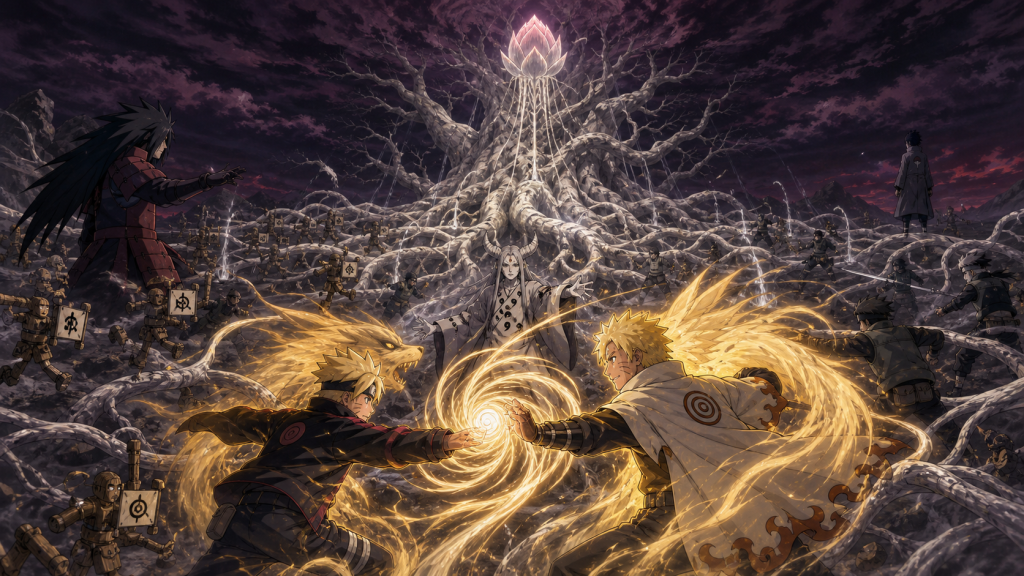 Naruto and Minato attack as the Divine Tree drains the battlefield in Episode 381