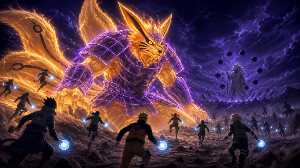 Allied shinobi charge beside an armored Kurama as Naruto and Sasuke combine their power in Episode 384