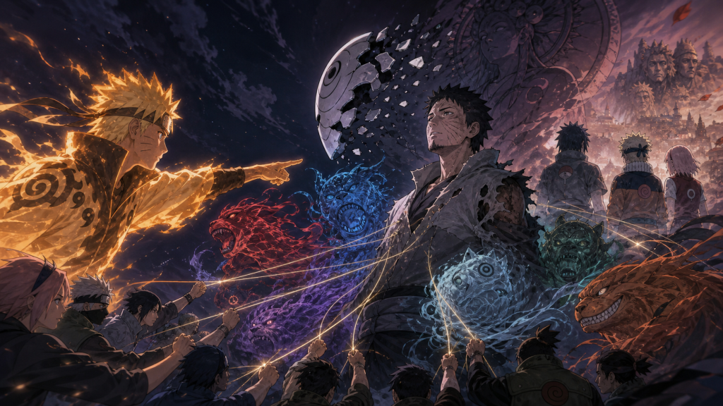 Naruto names Obito as allied hands pull captive tailed-beast chakra free in Episode 385