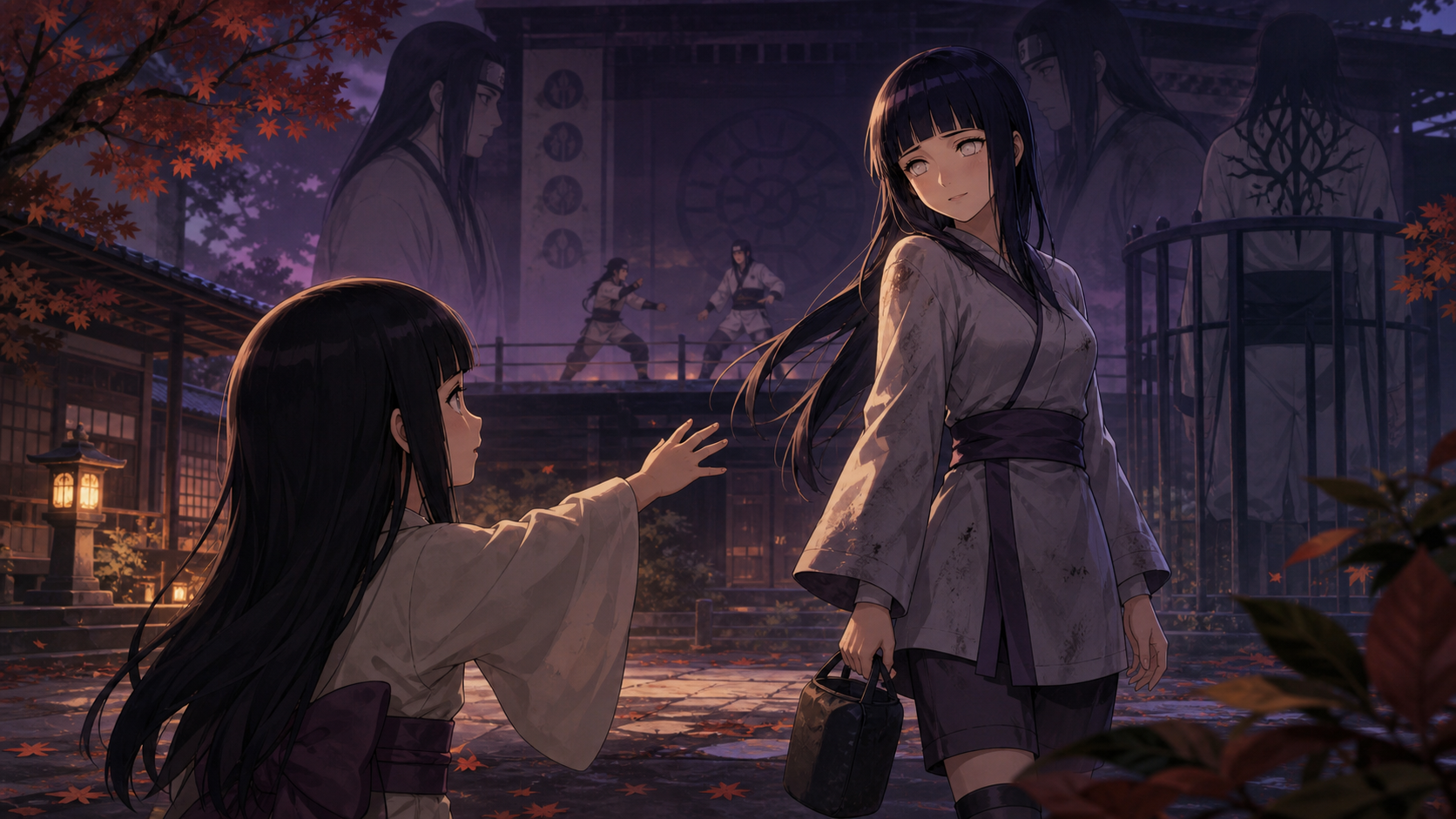Young Hanabi reaches toward Hinata as Hyuga succession pressure gathers behind them in Episode 389