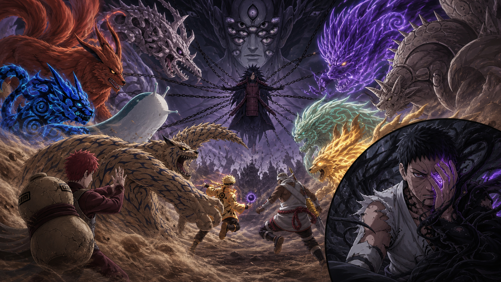 Nine freed tailed beasts attack Madara while Obito resists Black Zetsu in Episode 392