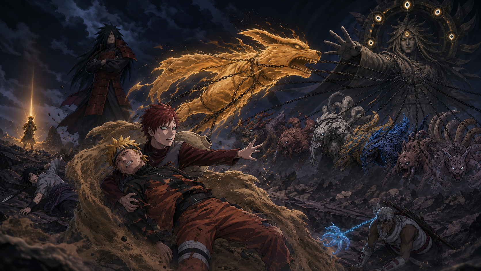 Gaara catches Naruto as Kurama and the other tailed beasts are chained away in Episode 393