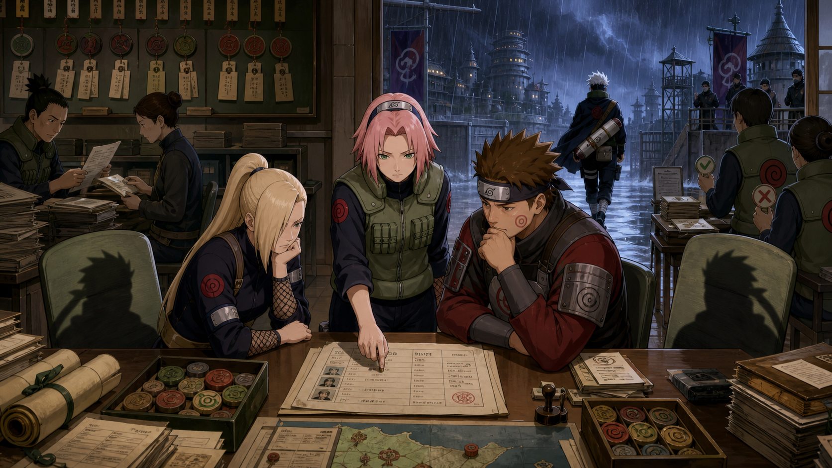 Sakura considers joining Ino and Choji while Kakashi carries an exam invitation into the Rain in Episode 395